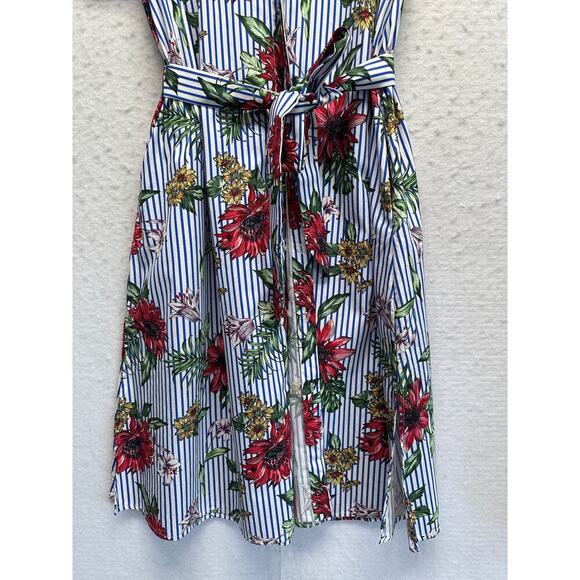 Zara Z1975 Denim Women Floral Shirt Dress Belt Short Sleeve Poplin S Resort - Picture 2 of 10